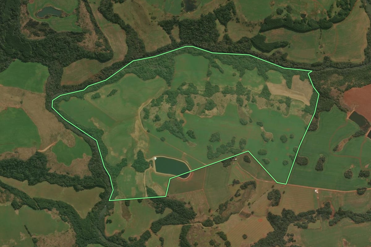 Imagem de satélite do imóvel rural em Muitos Capões (RS), com o contorno declarado no CAR desenhado por cima.