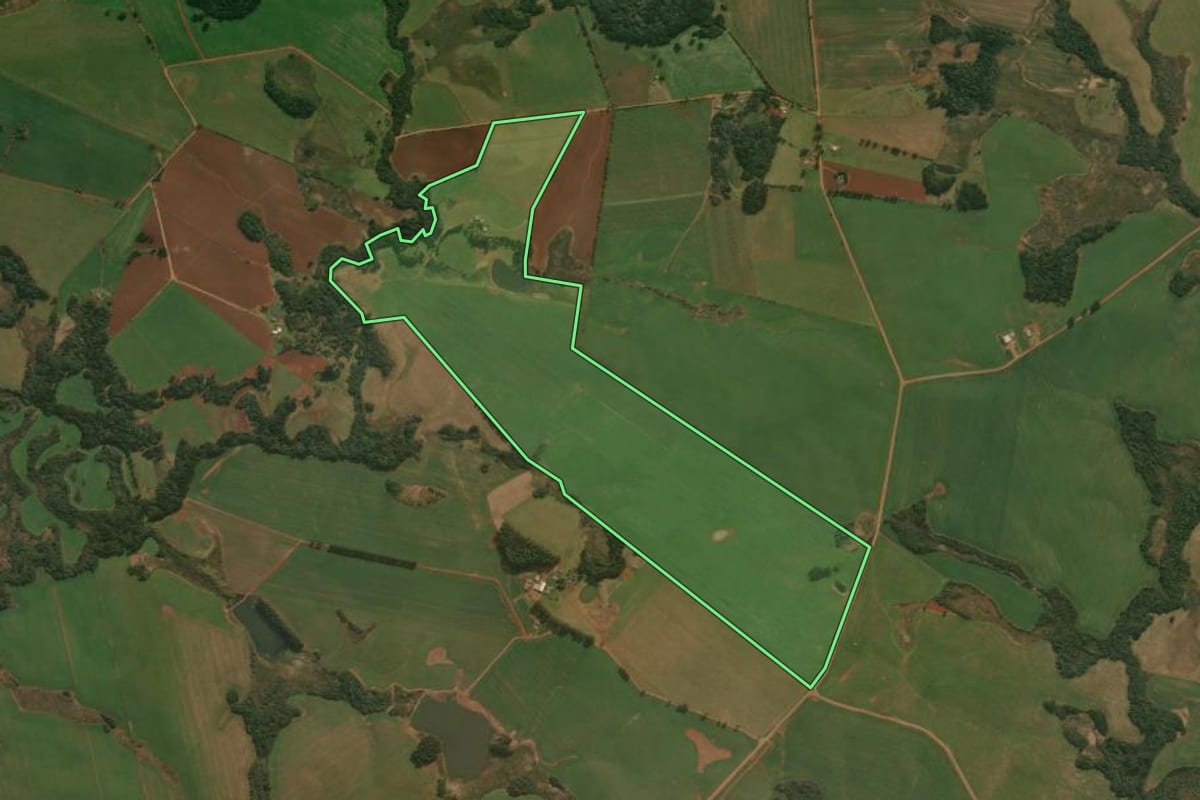 Imagem de satélite do imóvel rural em Muitos Capões (RS), com o contorno declarado no CAR desenhado por cima.