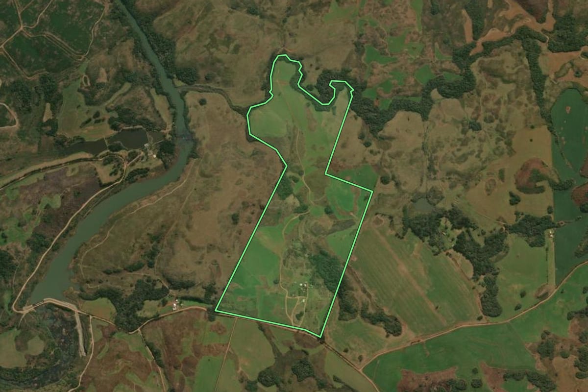 Imagem de satélite do imóvel rural em Muitos Capões (RS), com o contorno declarado no CAR desenhado por cima.