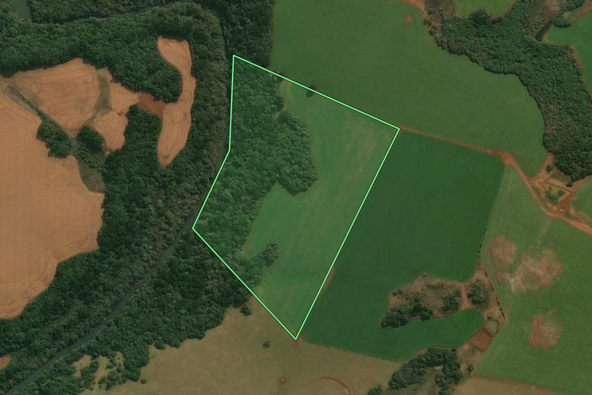 Imagem de satélite do imóvel rural em Muitos Capões (RS), com o contorno declarado no CAR desenhado por cima.