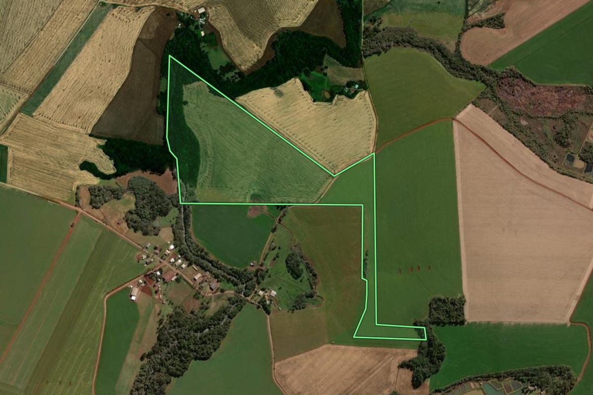 Imagem de satélite do imóvel rural em Não-Me-Toque (RS), com o contorno declarado no CAR desenhado por cima.