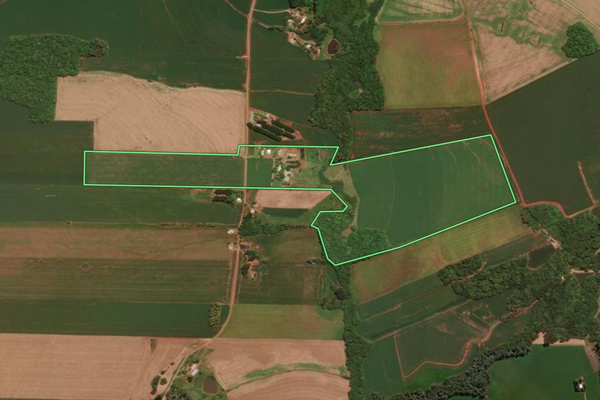 Imagem de satélite do imóvel rural em Não-Me-Toque (RS), com o contorno declarado no CAR desenhado por cima.