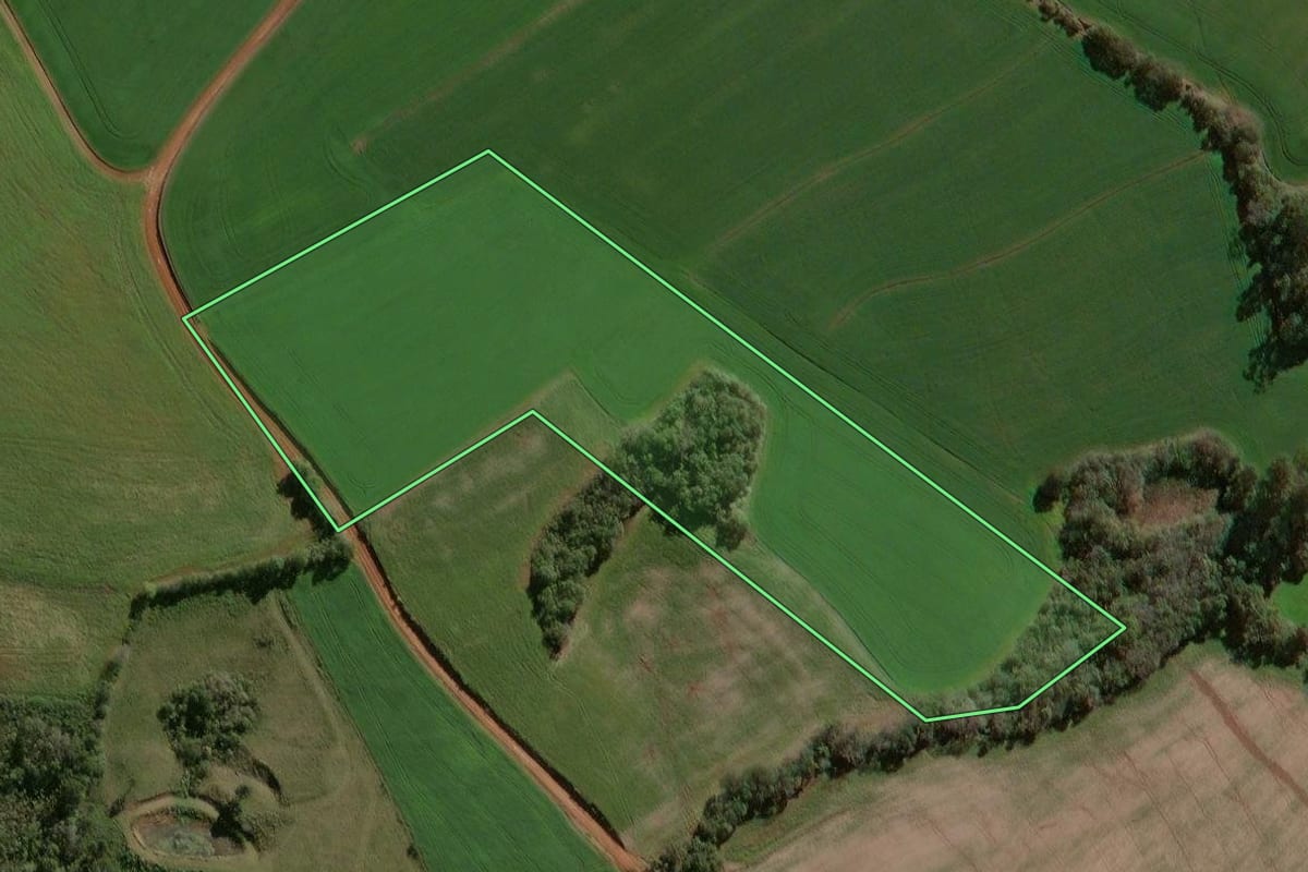 Imagem de satélite do imóvel rural em Não-Me-Toque (RS), com o contorno declarado no CAR desenhado por cima.