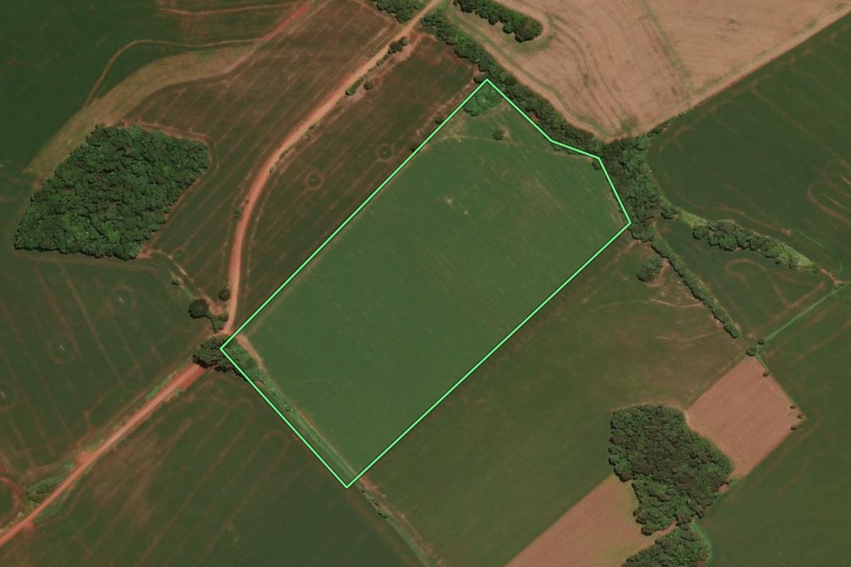 Imagem de satélite do imóvel rural em Não-Me-Toque (RS), com o contorno declarado no CAR desenhado por cima.