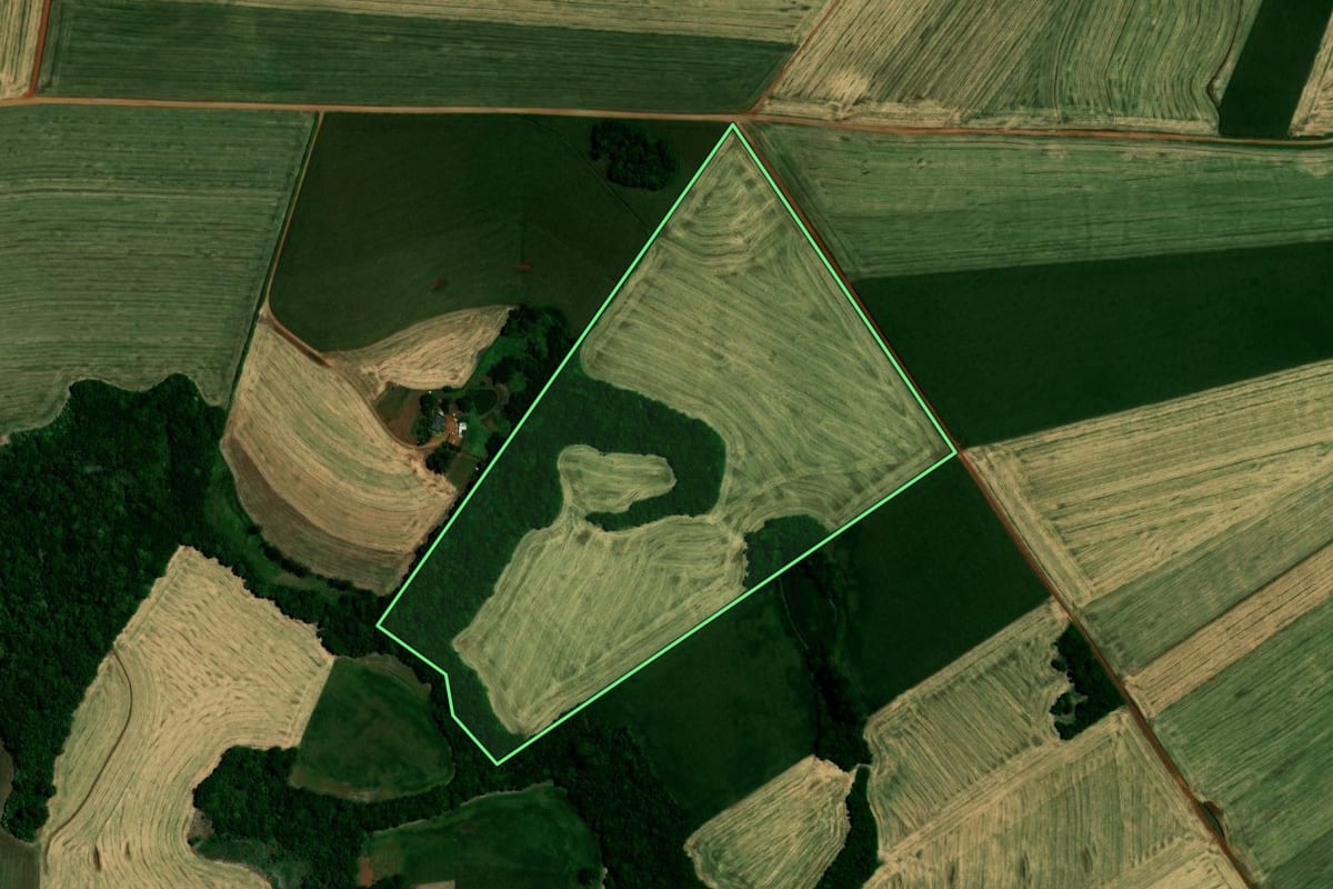 Imagem de satélite do imóvel rural em Não-Me-Toque (RS), com o contorno declarado no CAR desenhado por cima.