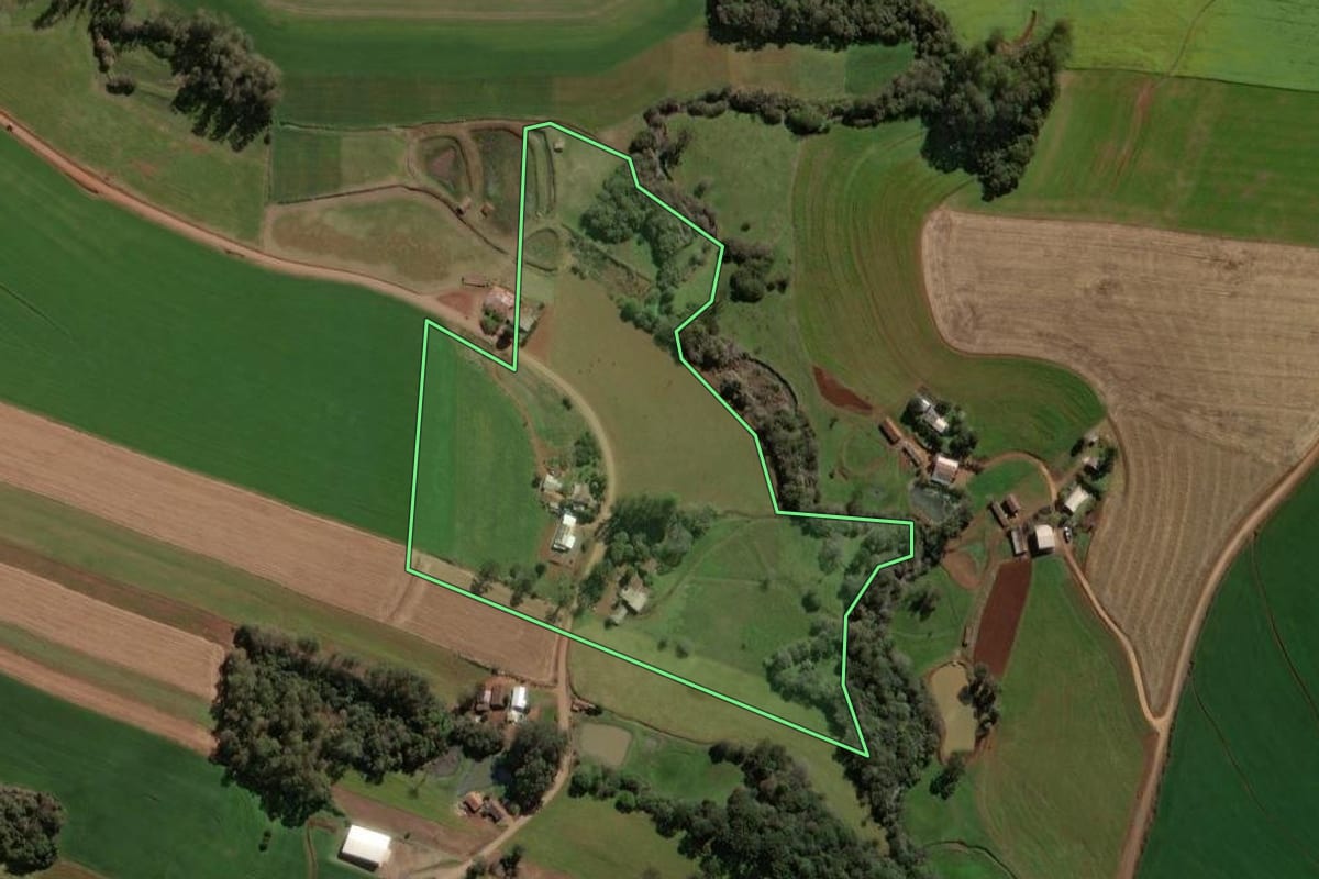 Imagem de satélite do imóvel rural em Não-Me-Toque (RS), com o contorno declarado no CAR desenhado por cima.