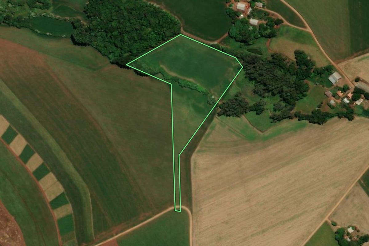 Imagem de satélite do imóvel rural em Não-Me-Toque (RS), com o contorno declarado no CAR desenhado por cima.