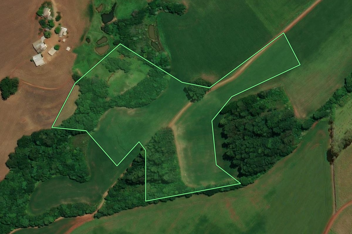 Imagem de satélite do imóvel rural em Não-Me-Toque (RS), com o contorno declarado no CAR desenhado por cima.