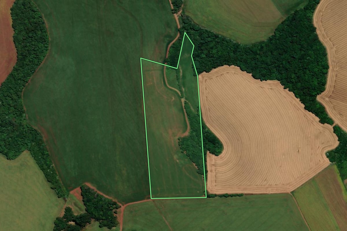 Imagem de satélite do imóvel rural em Não-Me-Toque (RS), com o contorno declarado no CAR desenhado por cima.