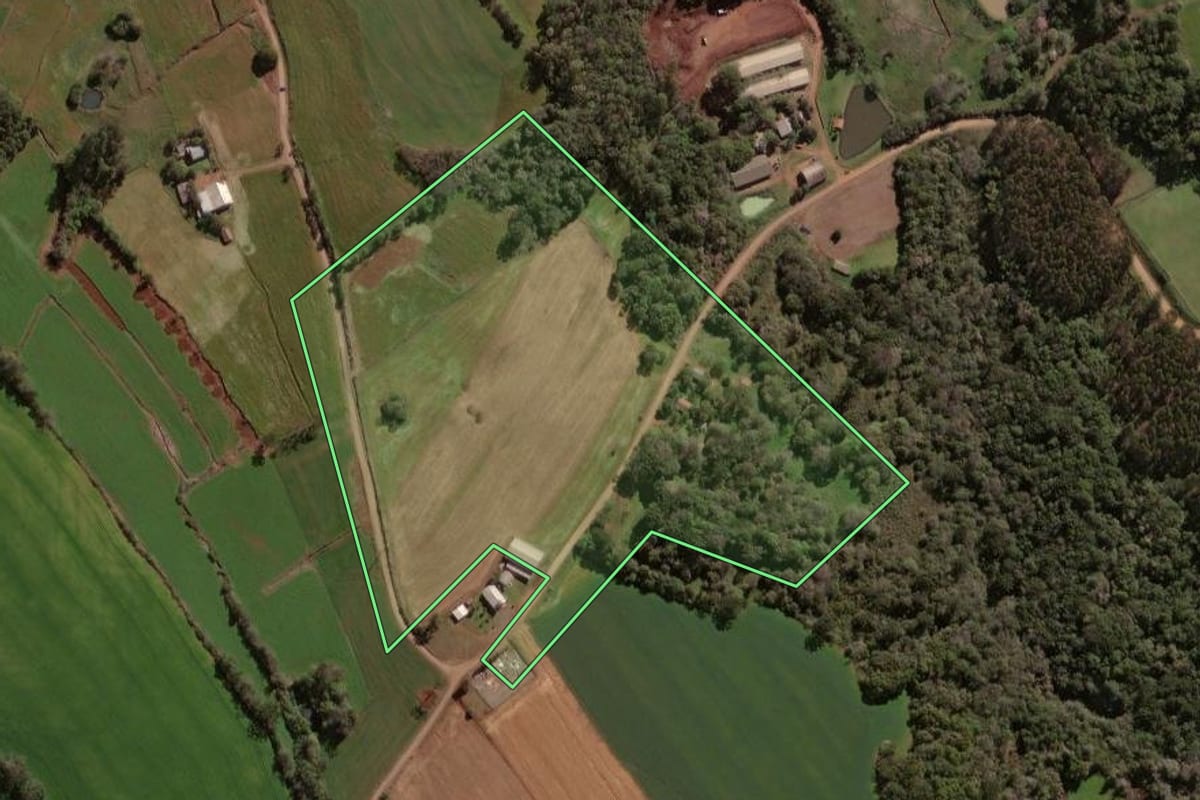 Imagem de satélite do imóvel rural em Não-Me-Toque (RS), com o contorno declarado no CAR desenhado por cima.