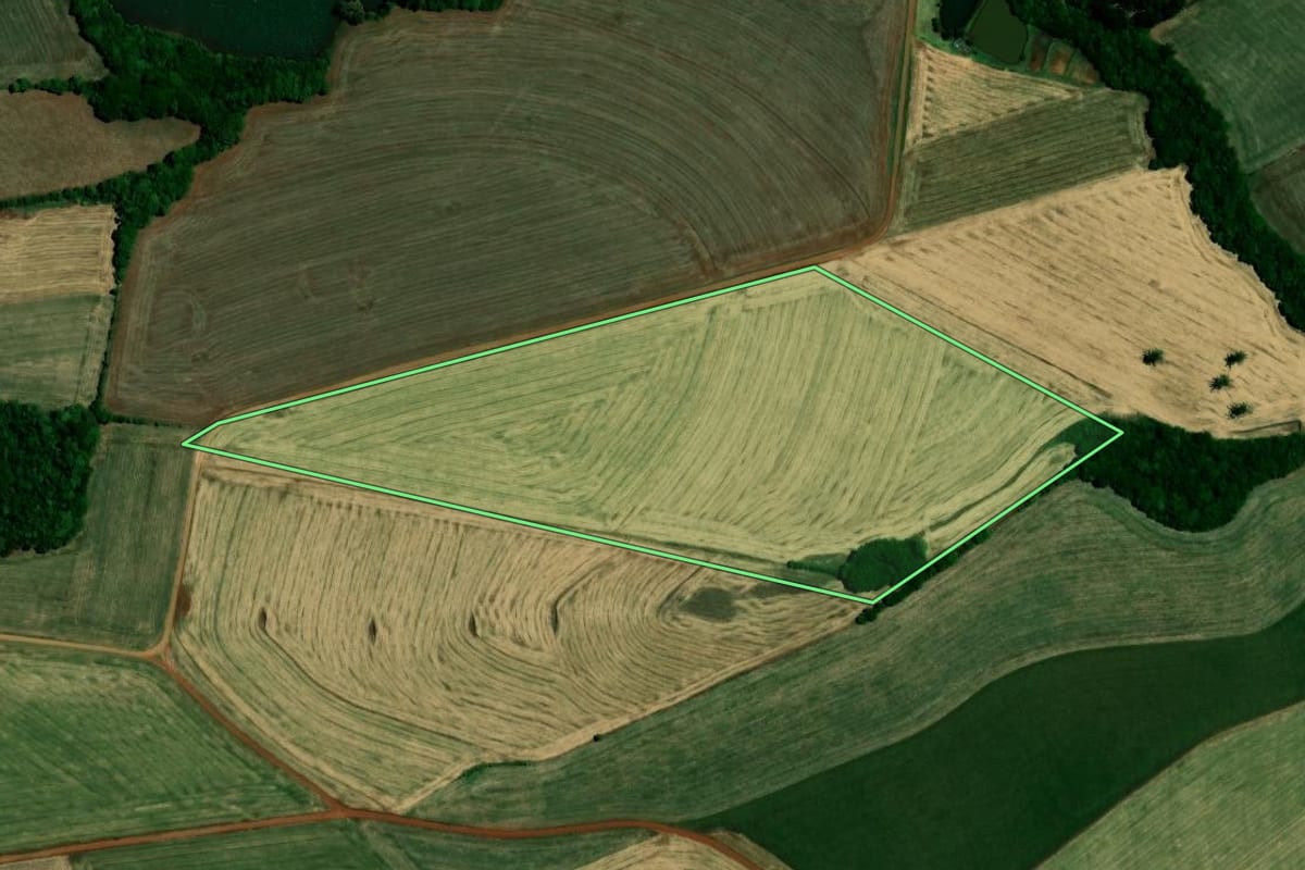 Imagem de satélite do imóvel rural em Não-Me-Toque (RS), com o contorno declarado no CAR desenhado por cima.