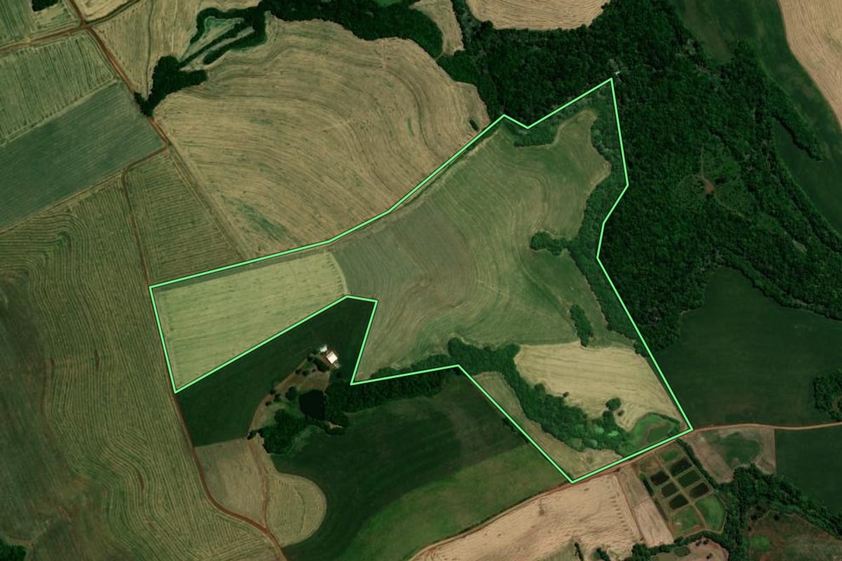 Imagem de satélite do imóvel rural em Não-Me-Toque (RS), com o contorno declarado no CAR desenhado por cima.