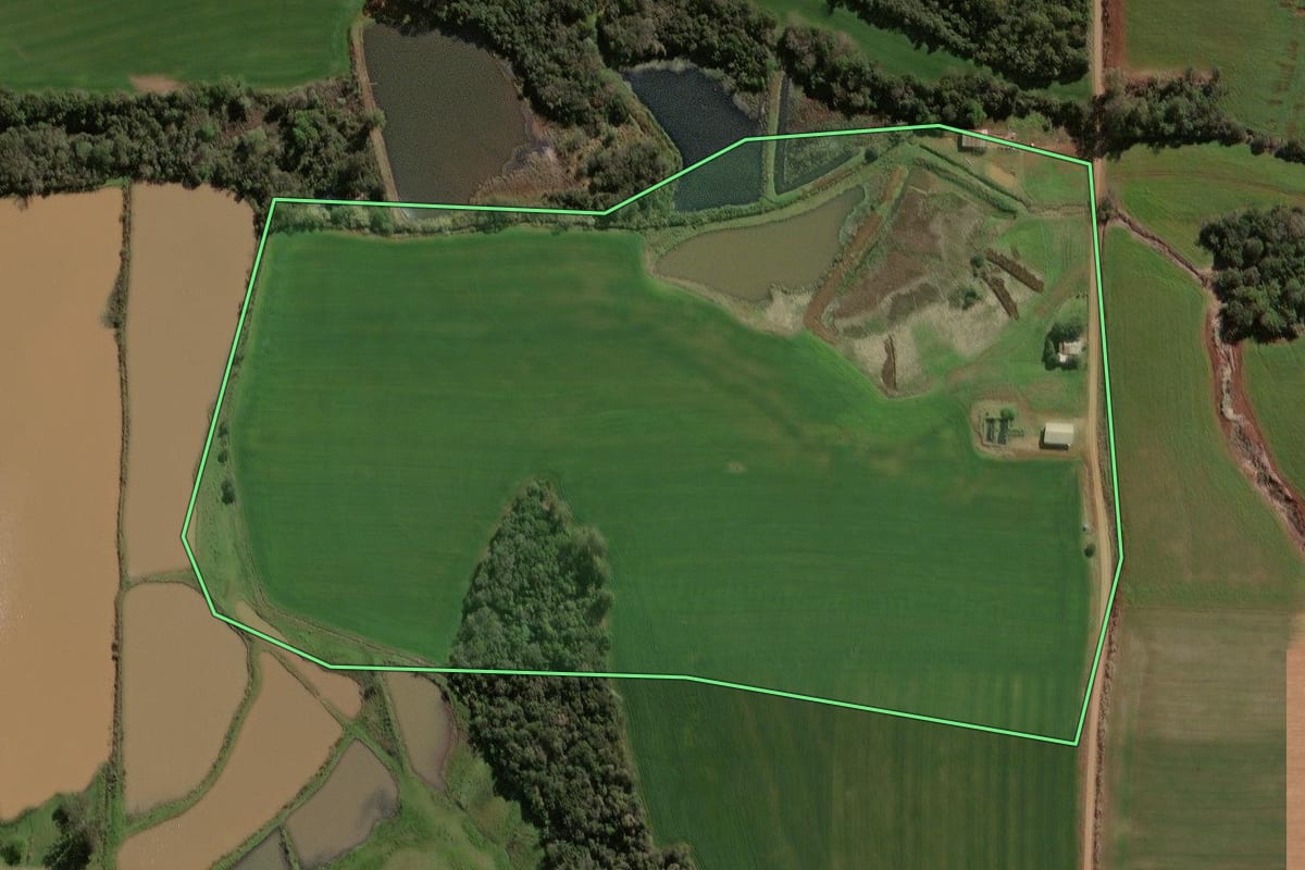 Imagem de satélite do imóvel rural em Não-Me-Toque (RS), com o contorno declarado no CAR desenhado por cima.
