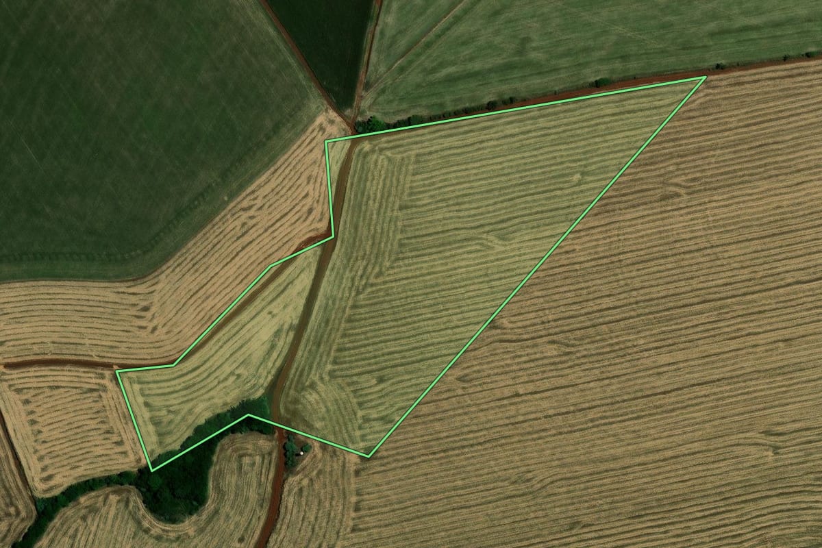 Imagem de satélite do imóvel rural em Não-Me-Toque (RS), com o contorno declarado no CAR desenhado por cima.