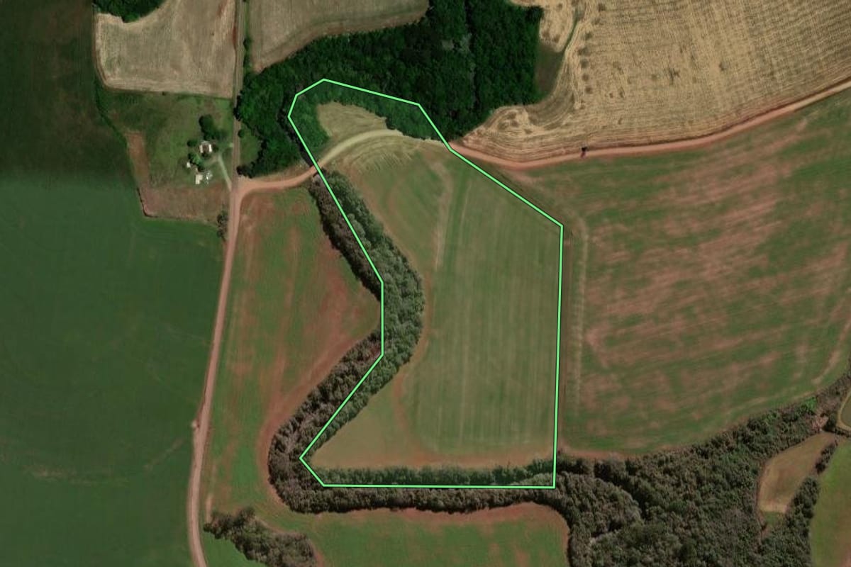 Imagem de satélite do imóvel rural em Não-Me-Toque (RS), com o contorno declarado no CAR desenhado por cima.