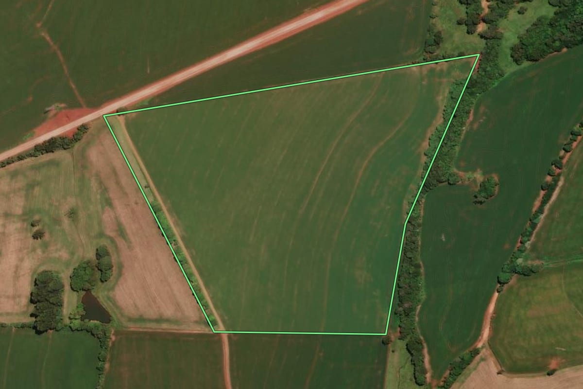 Imagem de satélite do imóvel rural em Não-Me-Toque (RS), com o contorno declarado no CAR desenhado por cima.