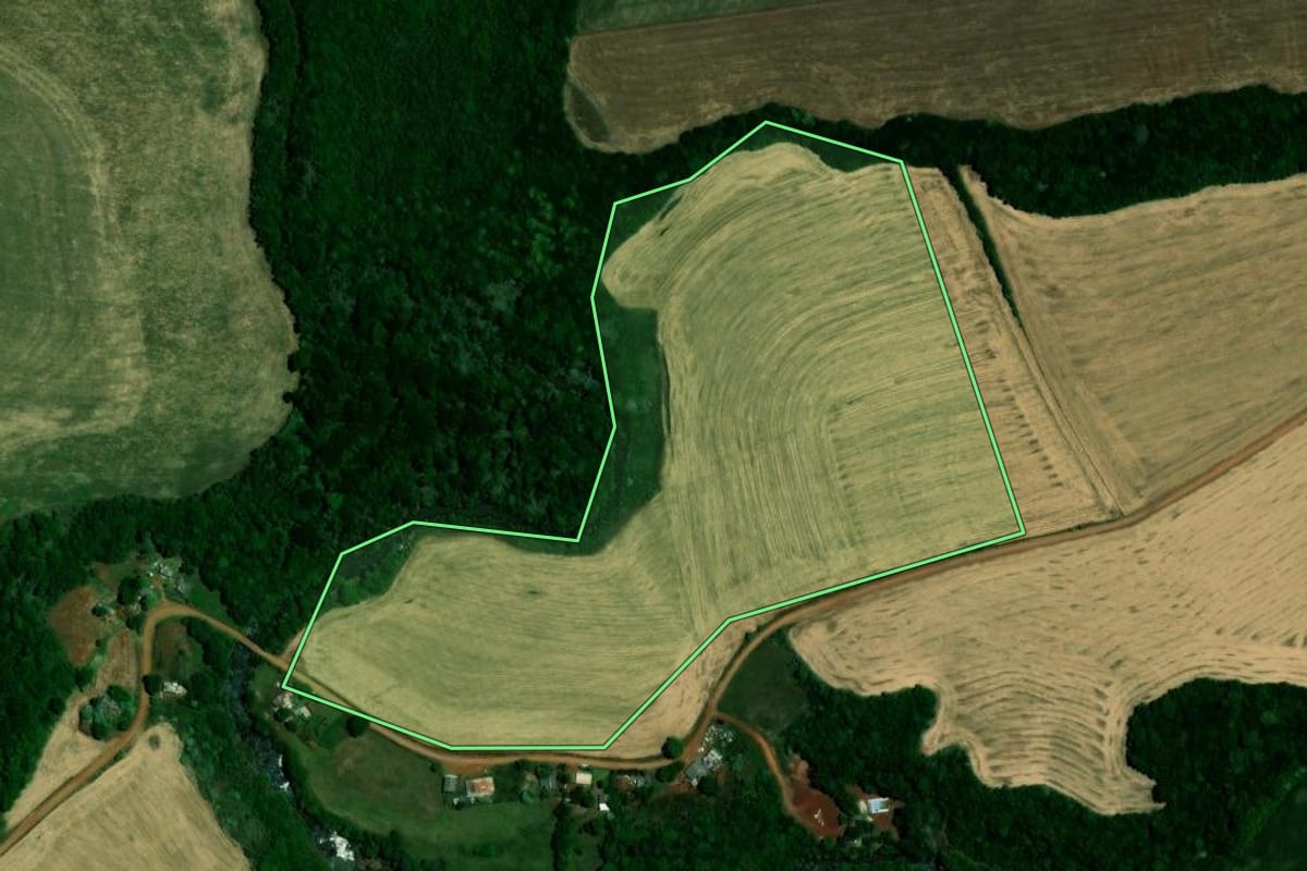 Imagem de satélite do imóvel rural em Não-Me-Toque (RS), com o contorno declarado no CAR desenhado por cima.