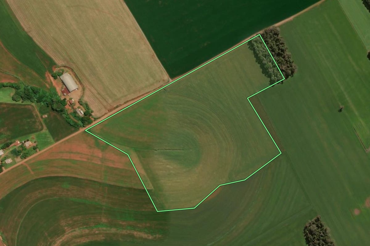 Imagem de satélite do imóvel rural em Não-Me-Toque (RS), com o contorno declarado no CAR desenhado por cima.