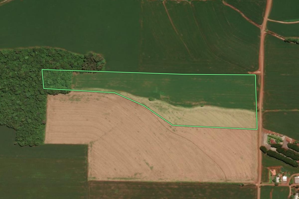 Imagem de satélite do imóvel rural em Não-Me-Toque (RS), com o contorno declarado no CAR desenhado por cima.