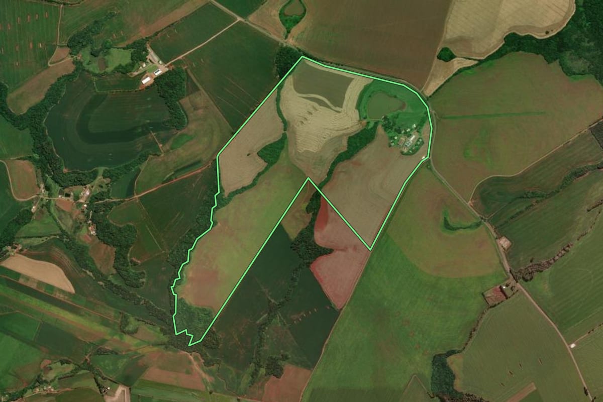 Imagem de satélite do imóvel rural em Não-Me-Toque (RS), com o contorno declarado no CAR desenhado por cima.