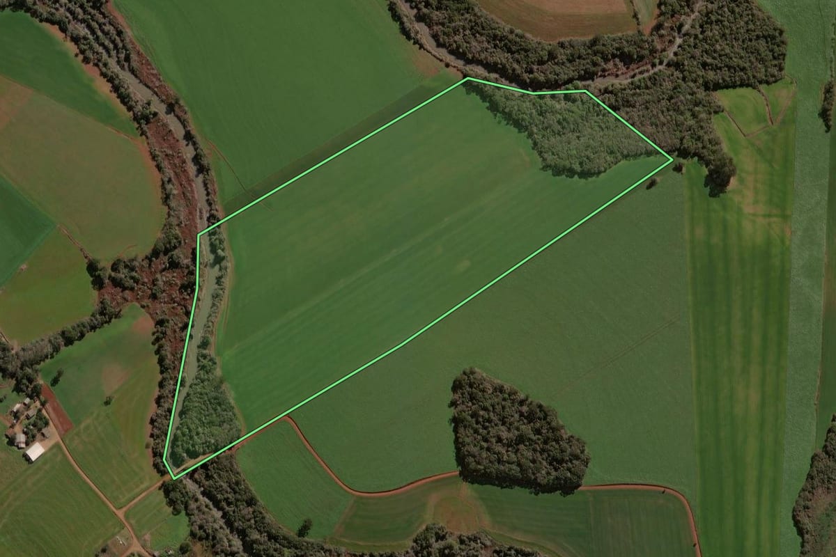 Imagem de satélite do imóvel rural em Não-Me-Toque (RS), com o contorno declarado no CAR desenhado por cima.
