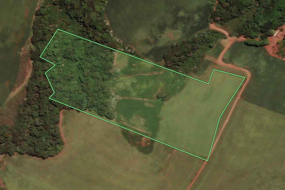 Imagem de satélite do imóvel rural em Não-Me-Toque (RS), com o contorno declarado no CAR desenhado por cima.