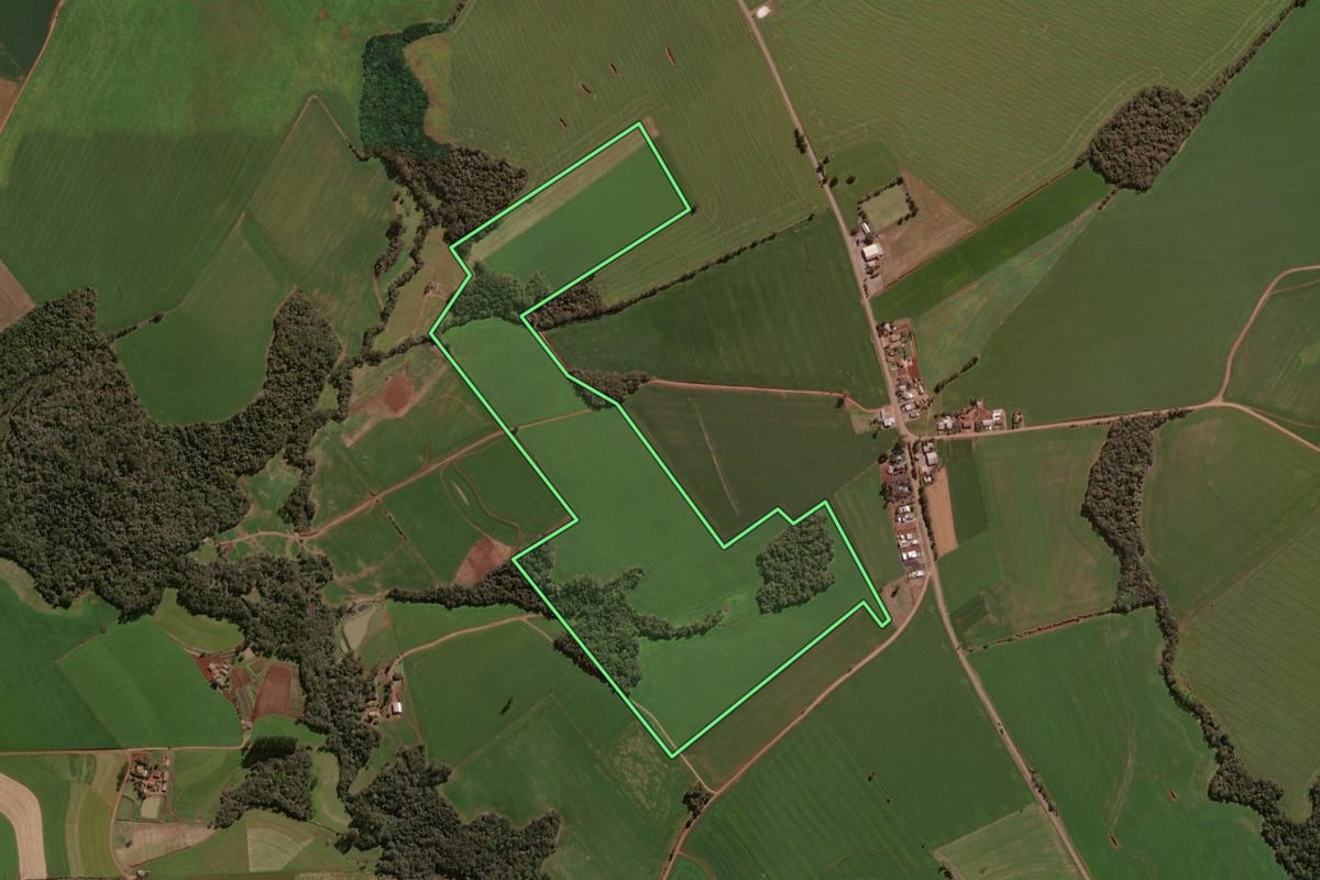 Imagem de satélite do imóvel rural em Não-Me-Toque (RS), com o contorno declarado no CAR desenhado por cima.