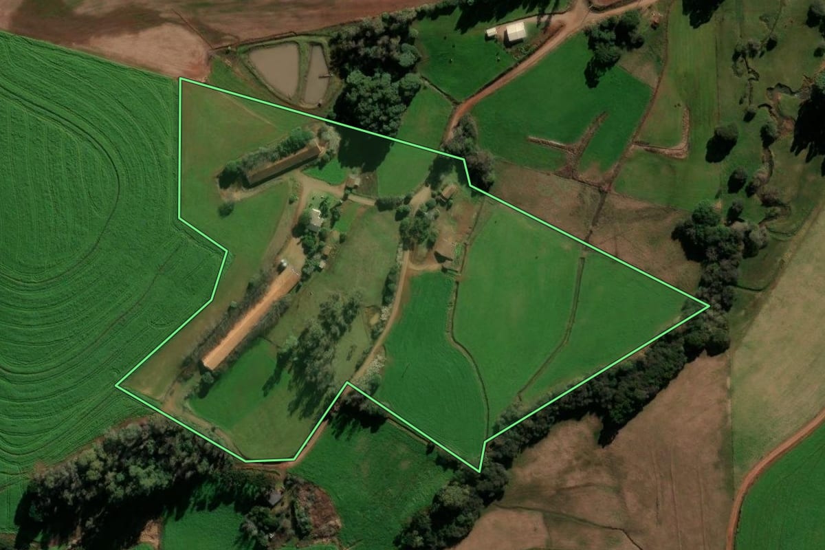 Imagem de satélite do imóvel rural em Nicolau Vergueiro (RS), com o contorno declarado no CAR desenhado por cima.