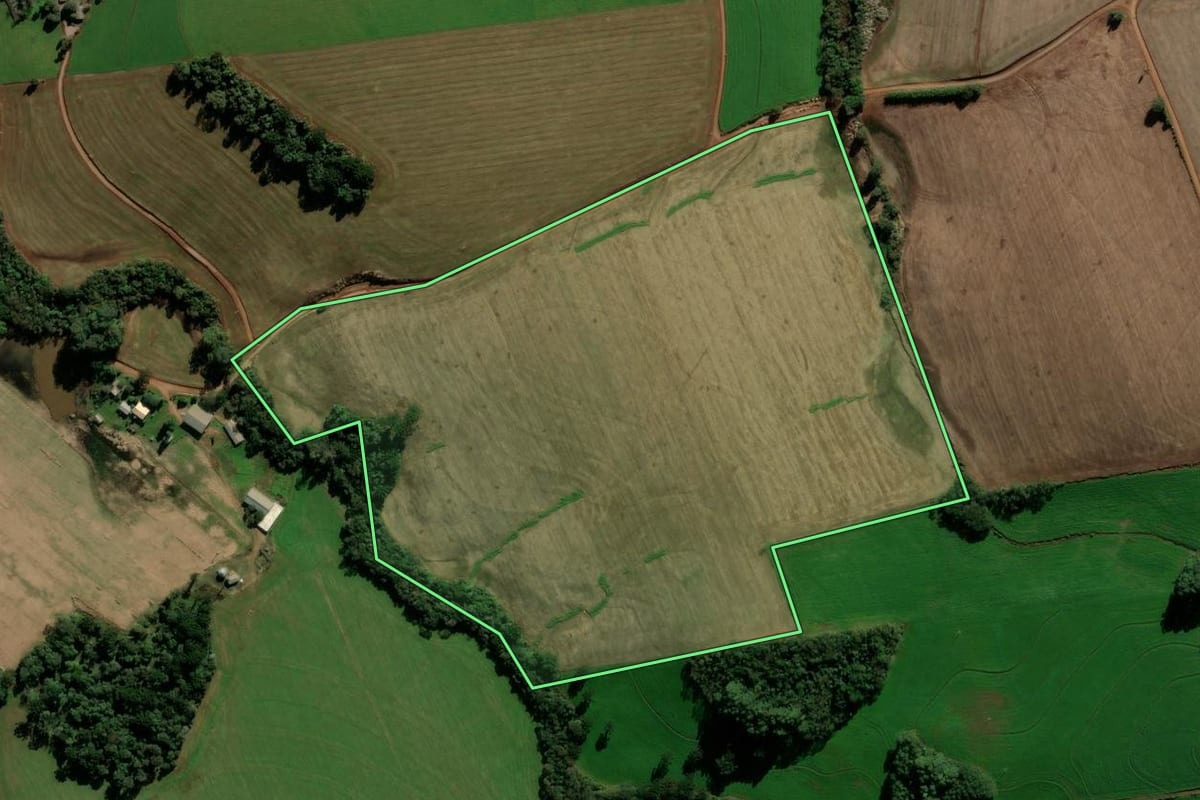 Imagem de satélite do imóvel rural em Nicolau Vergueiro (RS), com o contorno declarado no CAR desenhado por cima.