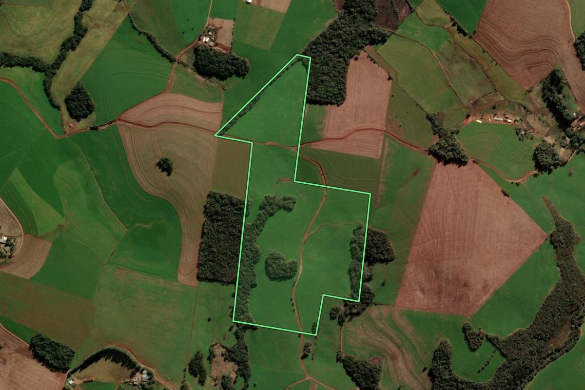 Imagem de satélite do imóvel rural em Nicolau Vergueiro (RS), com o contorno declarado no CAR desenhado por cima.