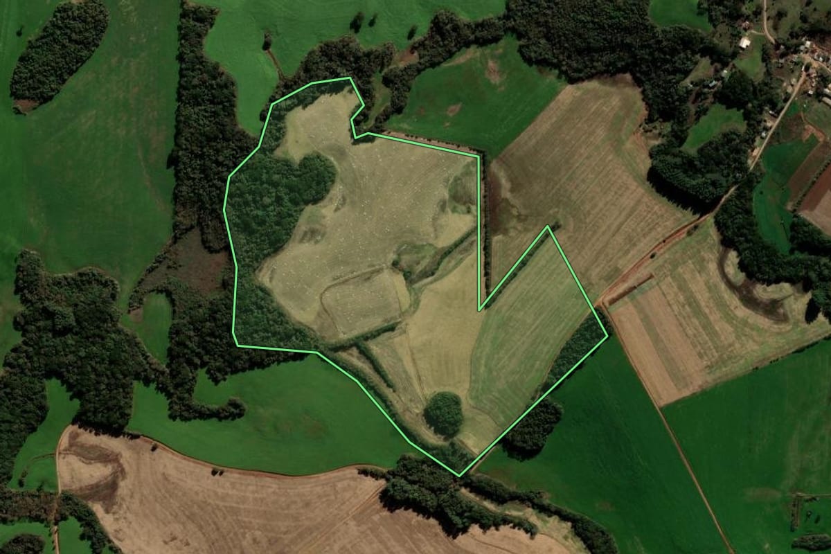 Imagem de satélite do imóvel rural em Nicolau Vergueiro (RS), com o contorno declarado no CAR desenhado por cima.