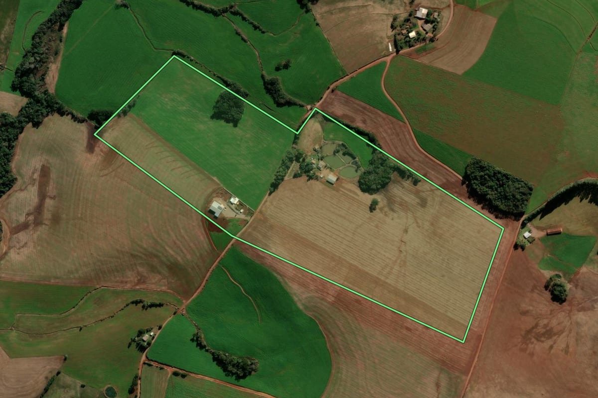 Imagem de satélite do imóvel rural em Nicolau Vergueiro (RS), com o contorno declarado no CAR desenhado por cima.