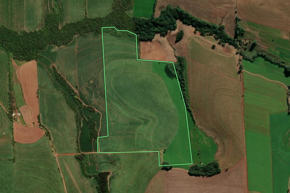 Imagem de satélite do imóvel rural em Nicolau Vergueiro (RS), com o contorno declarado no CAR desenhado por cima.