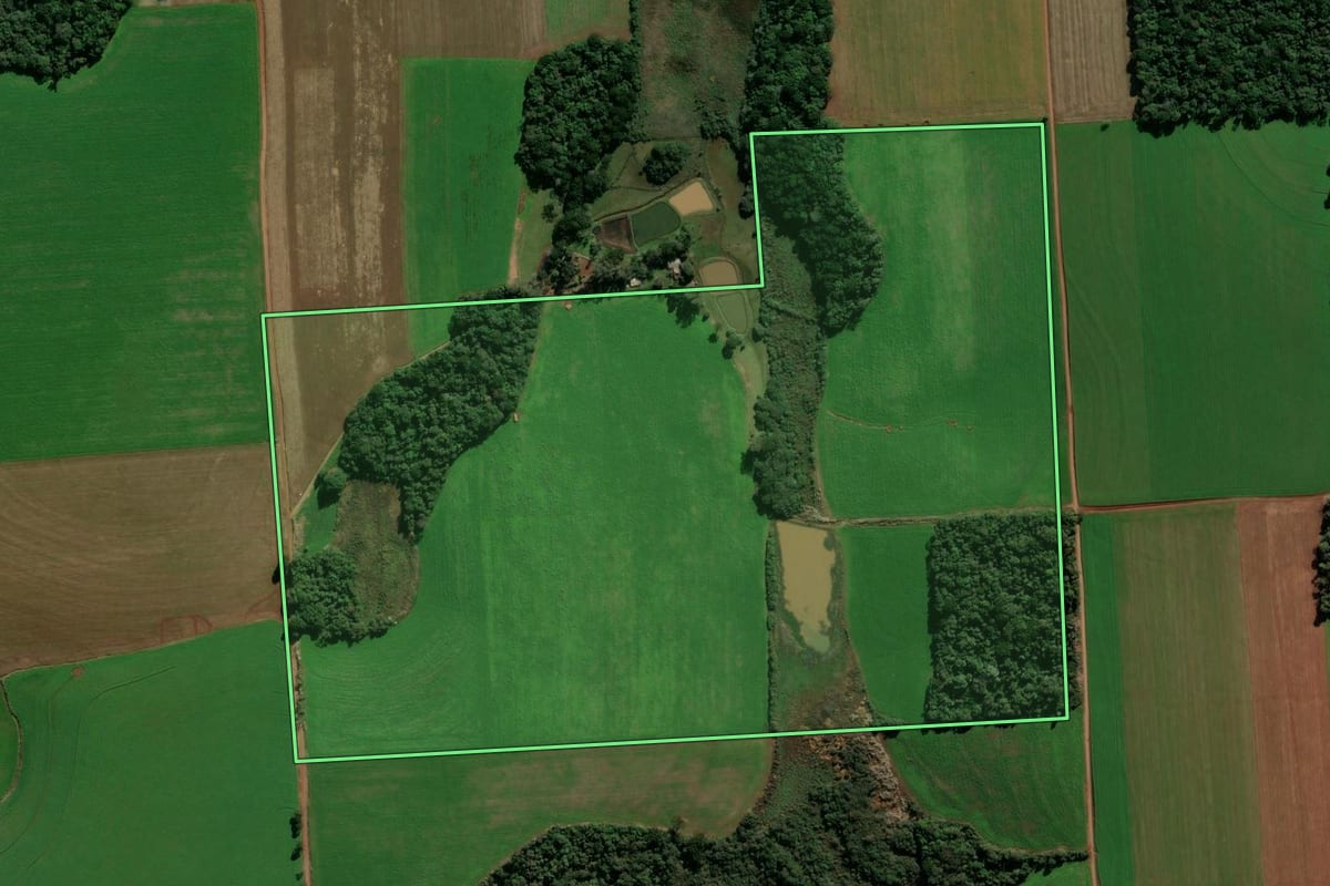 Imagem de satélite do imóvel rural em Nicolau Vergueiro (RS), com o contorno declarado no CAR desenhado por cima.
