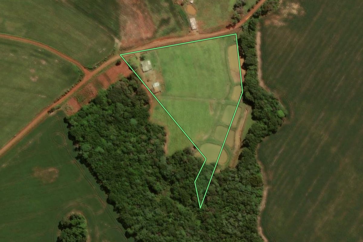 Imagem de satélite do imóvel rural em Nicolau Vergueiro (RS), com o contorno declarado no CAR desenhado por cima.
