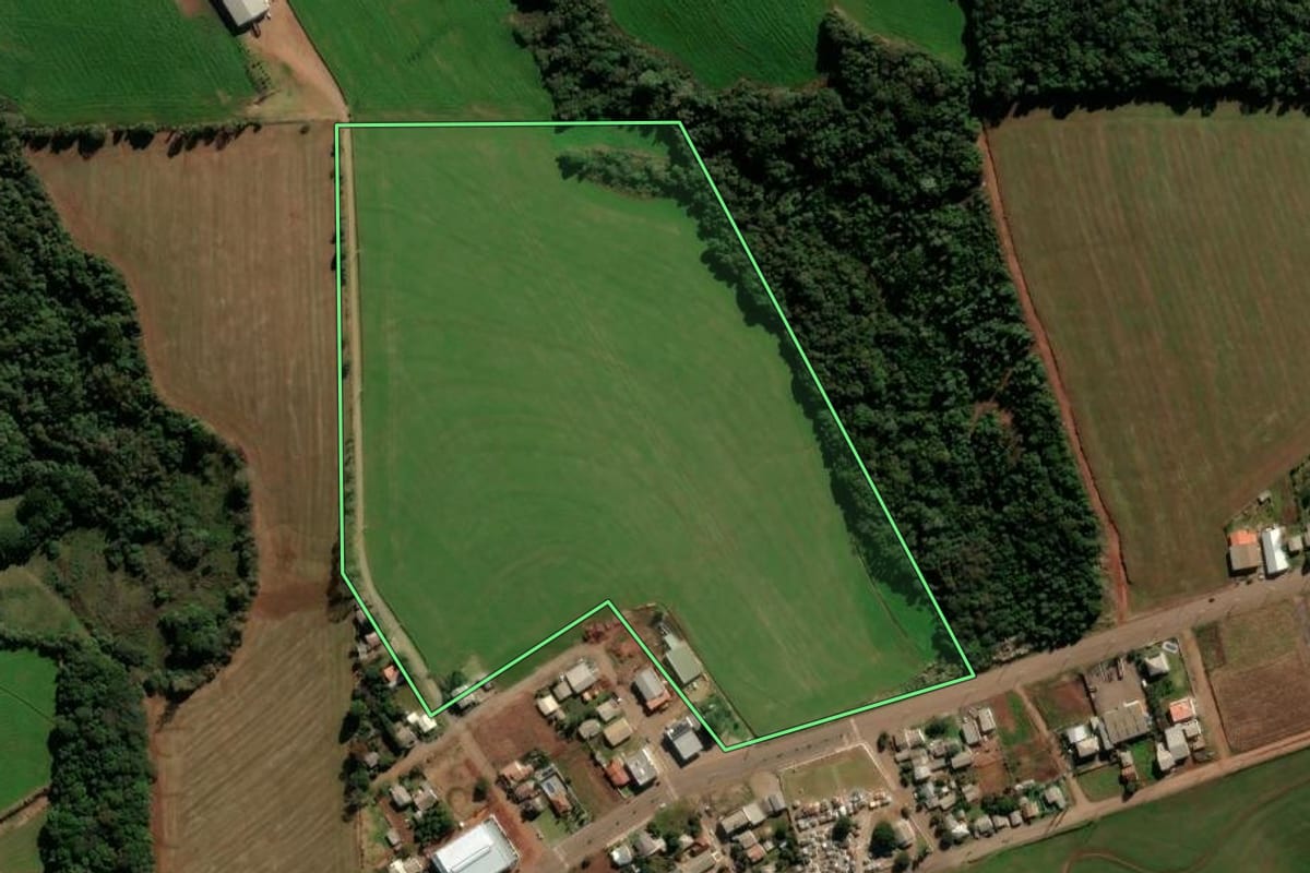 Imagem de satélite do imóvel rural em Nicolau Vergueiro (RS), com o contorno declarado no CAR desenhado por cima.