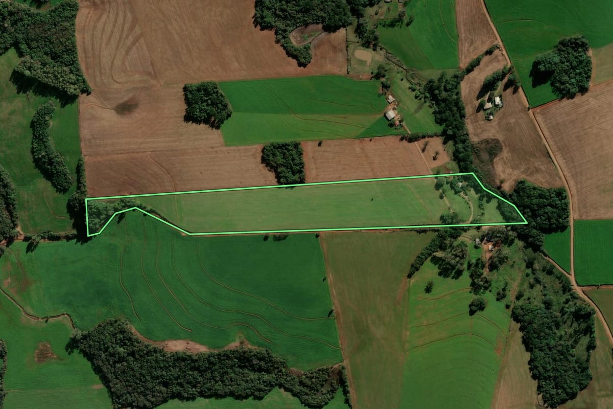 Imagem de satélite do imóvel rural em Nicolau Vergueiro (RS), com o contorno declarado no CAR desenhado por cima.