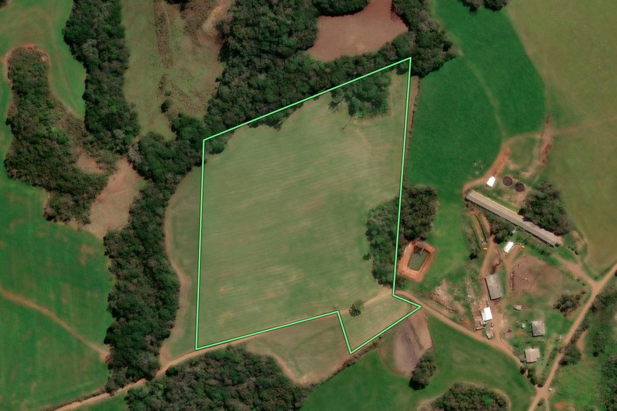 Imagem de satélite do imóvel rural em Nicolau Vergueiro (RS), com o contorno declarado no CAR desenhado por cima.