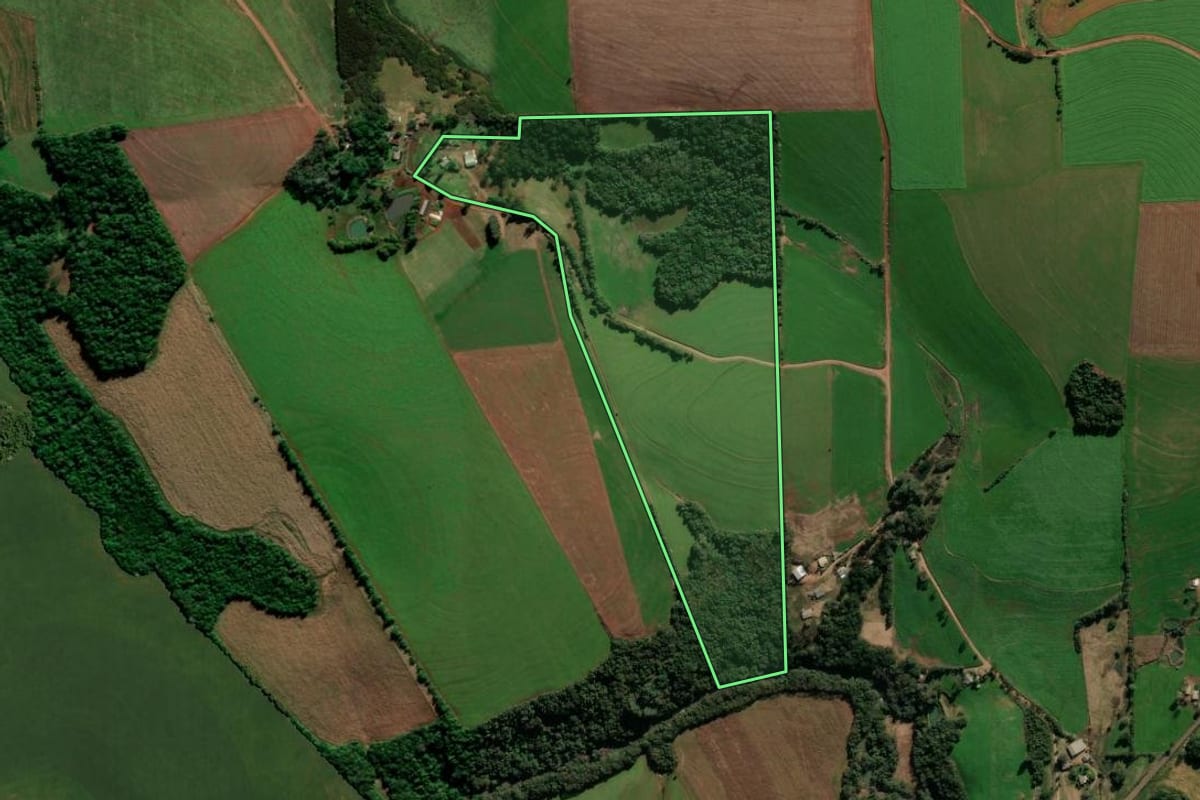 Imagem de satélite do imóvel rural em Nicolau Vergueiro (RS), com o contorno declarado no CAR desenhado por cima.
