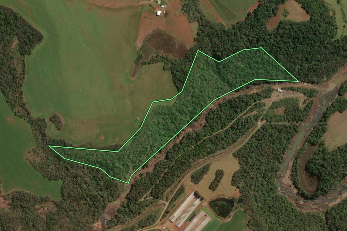 Imagem de satélite do imóvel rural em Nonoai (RS), com o contorno declarado no CAR desenhado por cima.