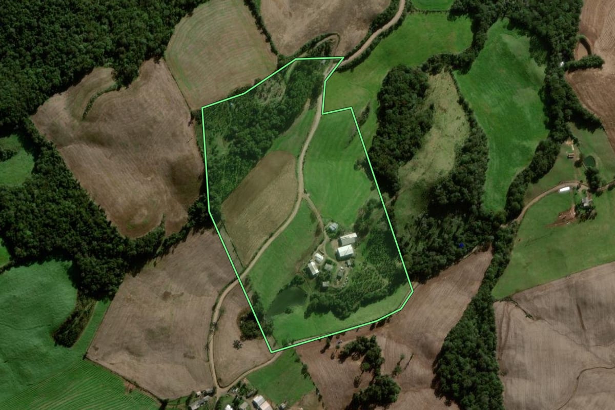 Imagem de satélite do imóvel rural em Nova Alvorada (RS), com o contorno declarado no CAR desenhado por cima.