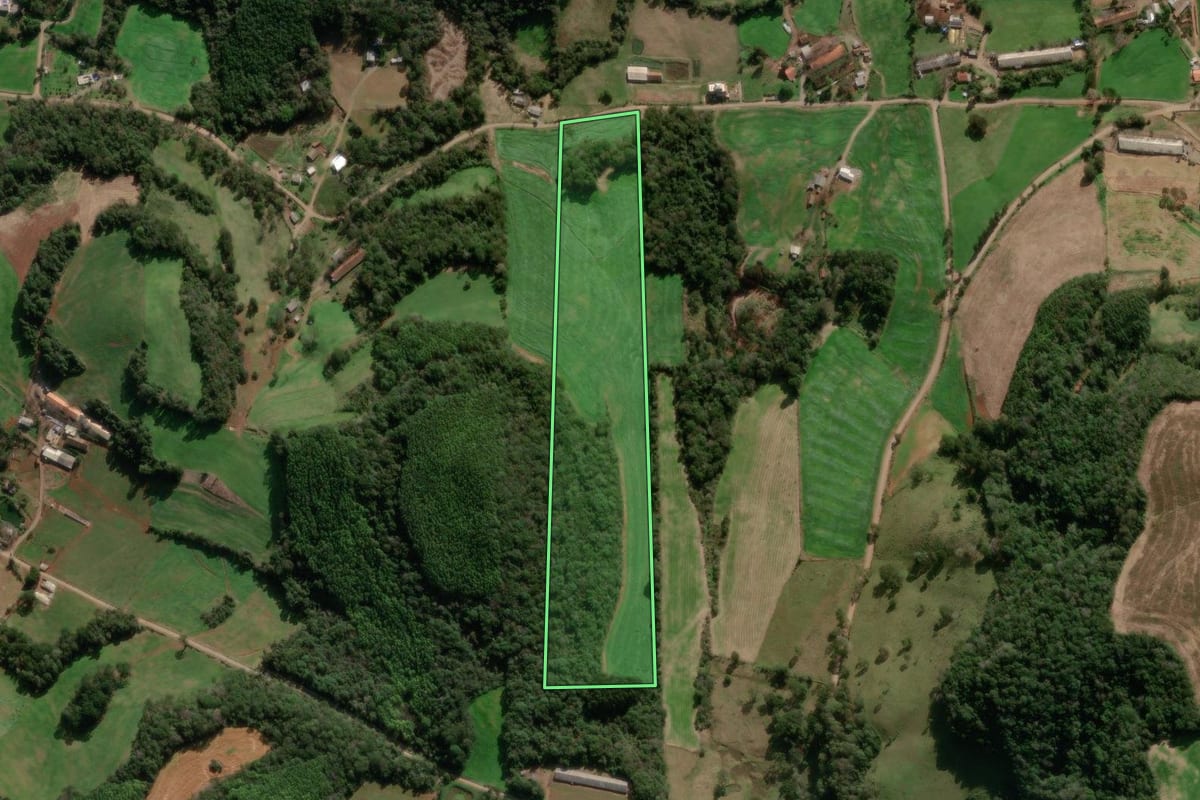 Imagem de satélite do imóvel rural em Nova Araçá (RS), com o contorno declarado no CAR desenhado por cima.