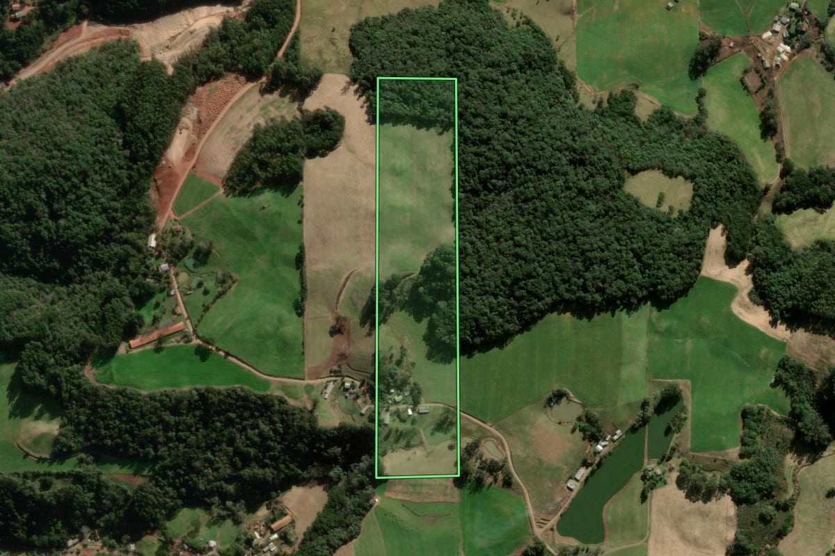 Imagem de satélite do imóvel rural em Nova Araçá (RS), com o contorno declarado no CAR desenhado por cima.
