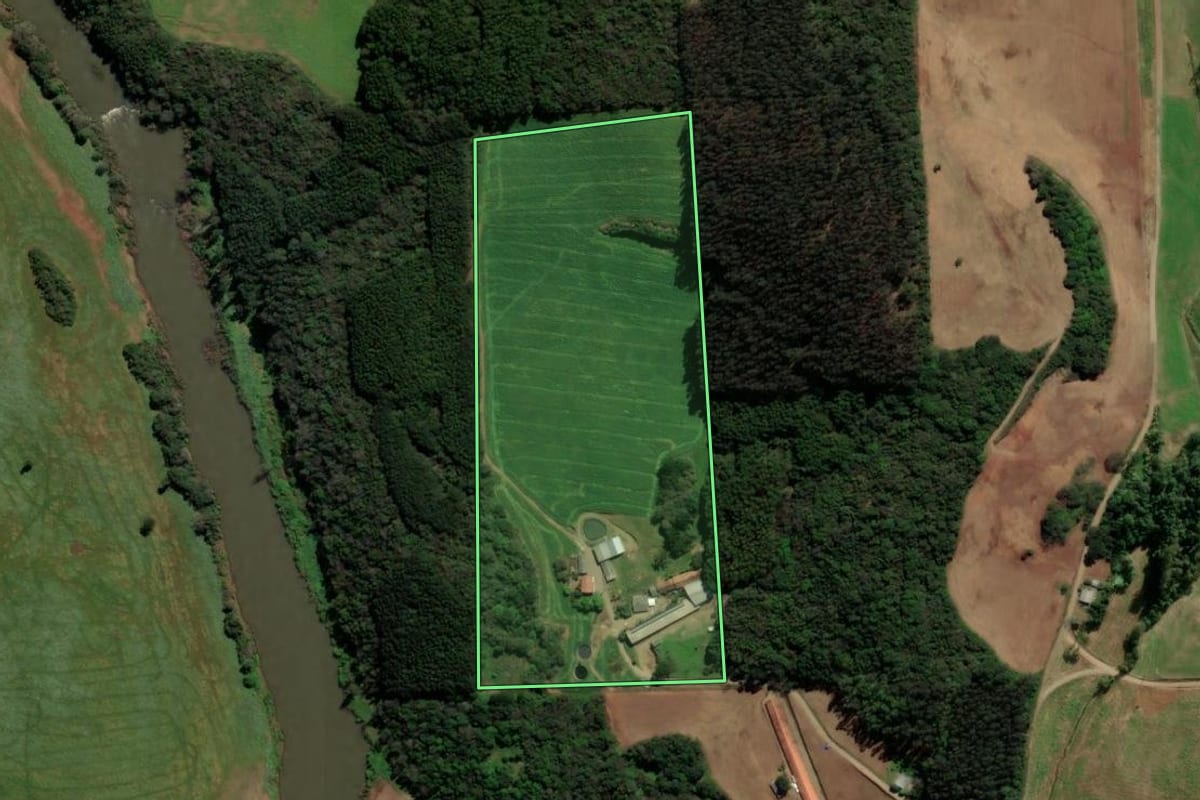 Imagem de satélite do imóvel rural em Nova Araçá (RS), com o contorno declarado no CAR desenhado por cima.