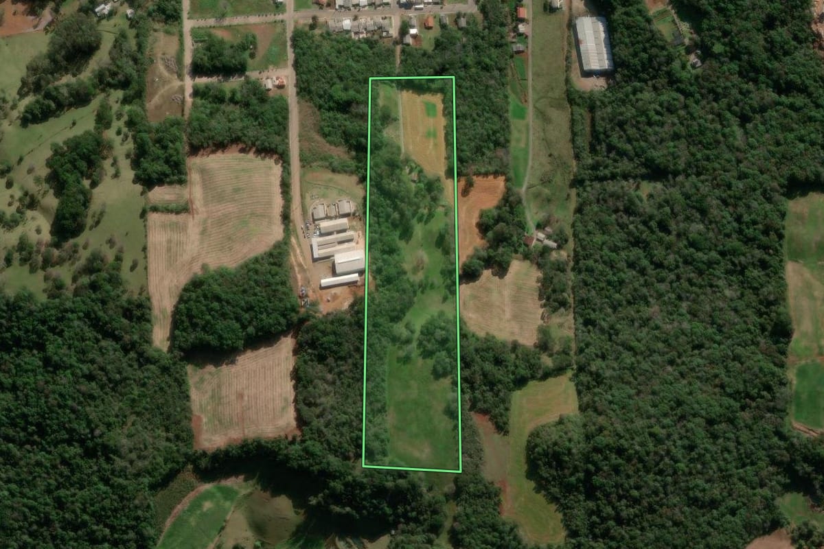 Imagem de satélite do imóvel rural em Nova Araçá (RS), com o contorno declarado no CAR desenhado por cima.