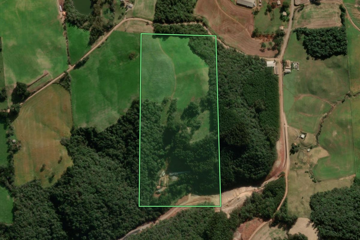 Imagem de satélite do imóvel rural em Nova Araçá (RS), com o contorno declarado no CAR desenhado por cima.
