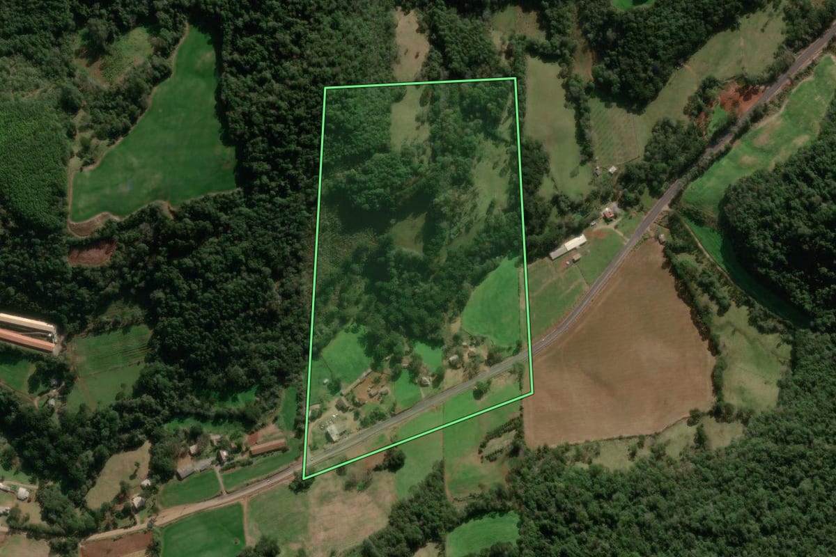 Imagem de satélite do imóvel rural em Nova Araçá (RS), com o contorno declarado no CAR desenhado por cima.