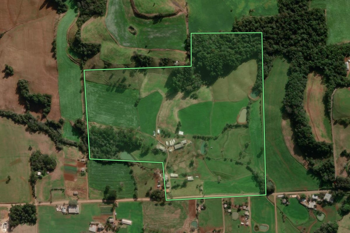 Imagem de satélite do imóvel rural em Nova Bassano (RS), com o contorno declarado no CAR desenhado por cima.