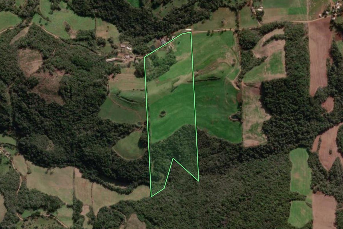 Imagem de satélite do imóvel rural em Nova Bassano (RS), com o contorno declarado no CAR desenhado por cima.