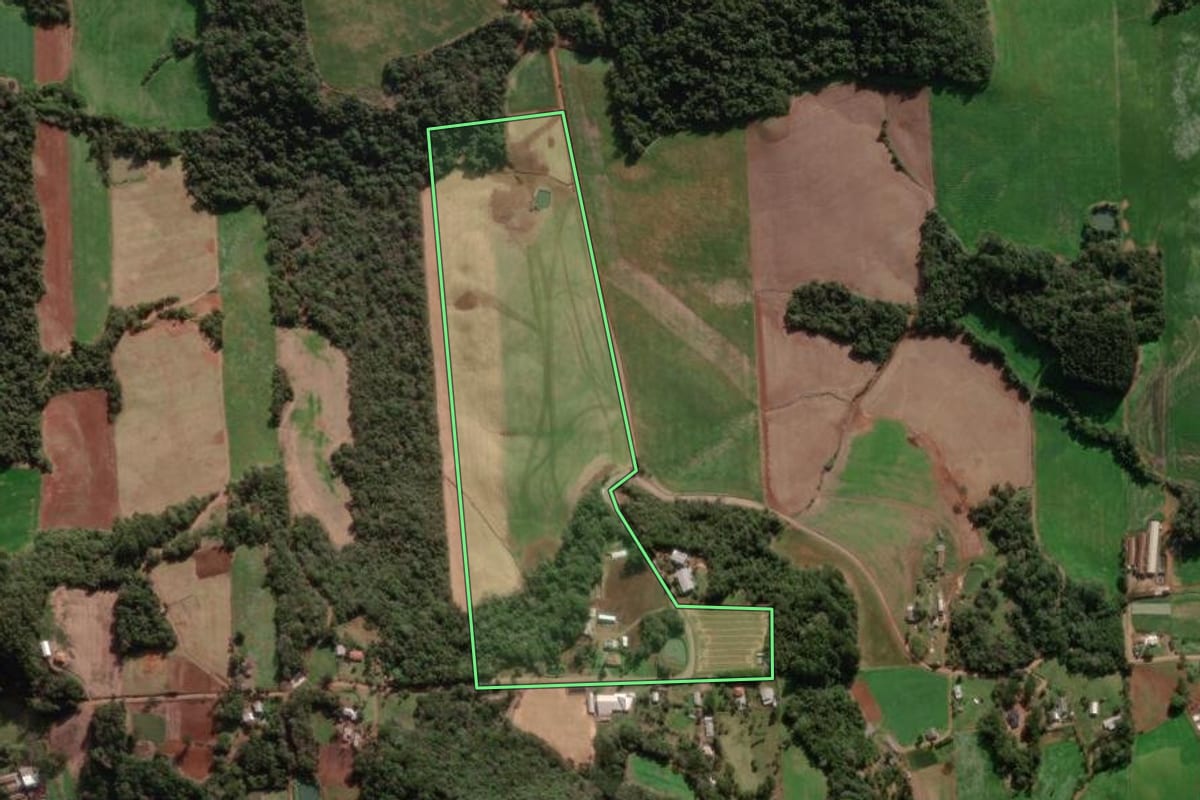 Imagem de satélite do imóvel rural em Nova Bassano (RS), com o contorno declarado no CAR desenhado por cima.